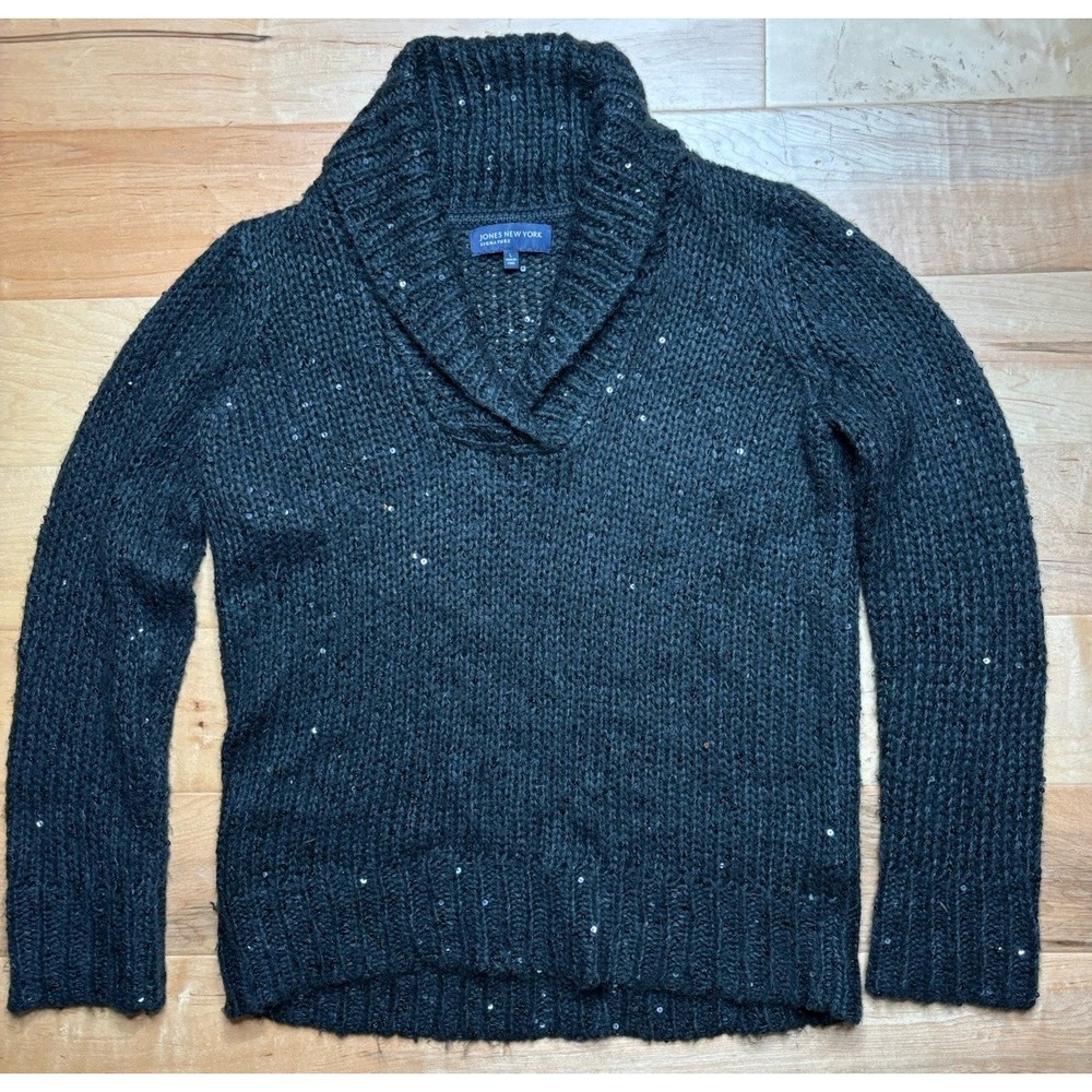 Jones New York Signature Black Shawl Collar Sweater Women L Sequin Holiday